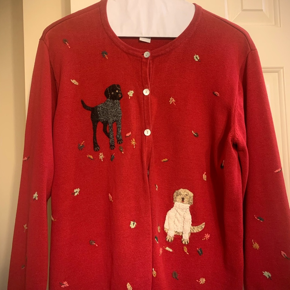 Red women’s sweater - embroidered dogs and leaves